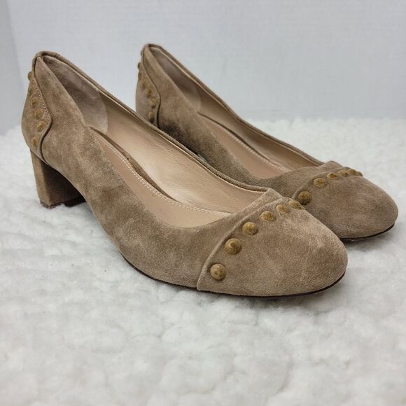 Tory Burch Womens Size 7 Colt Suede Covered Studs Block Heel Pump River Rock - Picture 1 of 7